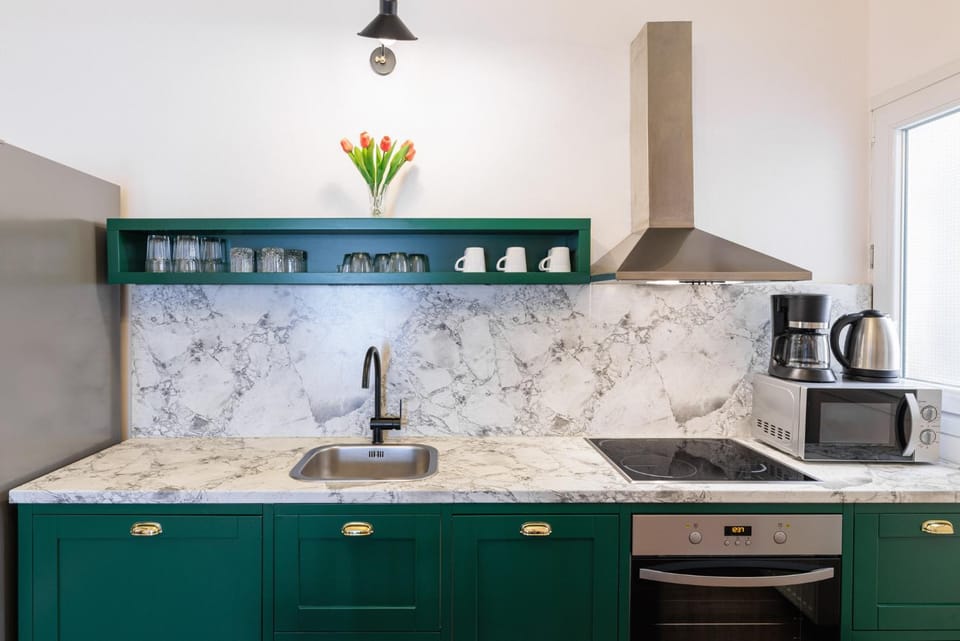 Kitchen or kitchenette, stove
