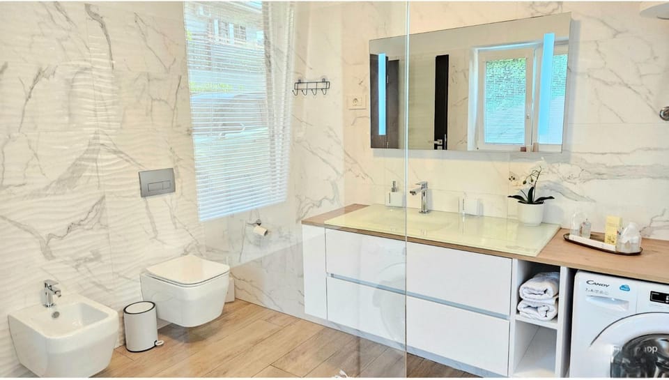 Toilet, Bathroom, bidet, towels, washing machine