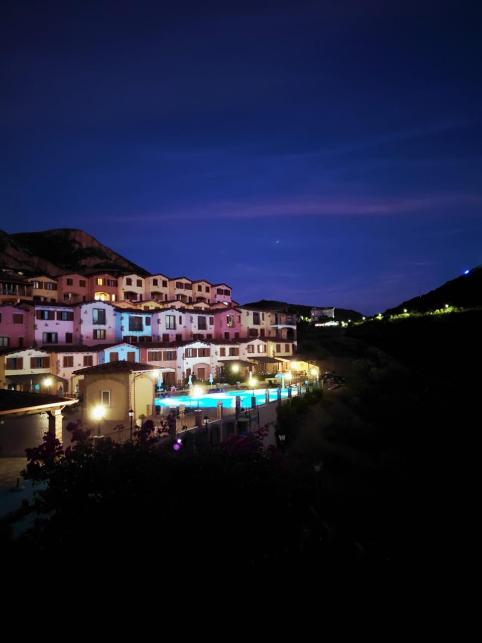 Night, Summer, Street view, Swimming pool