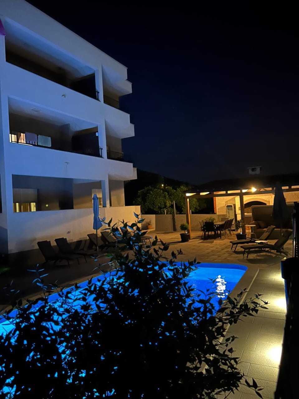Property building, Night, View (from property/room), Balcony/Terrace, Pool view, Swimming pool