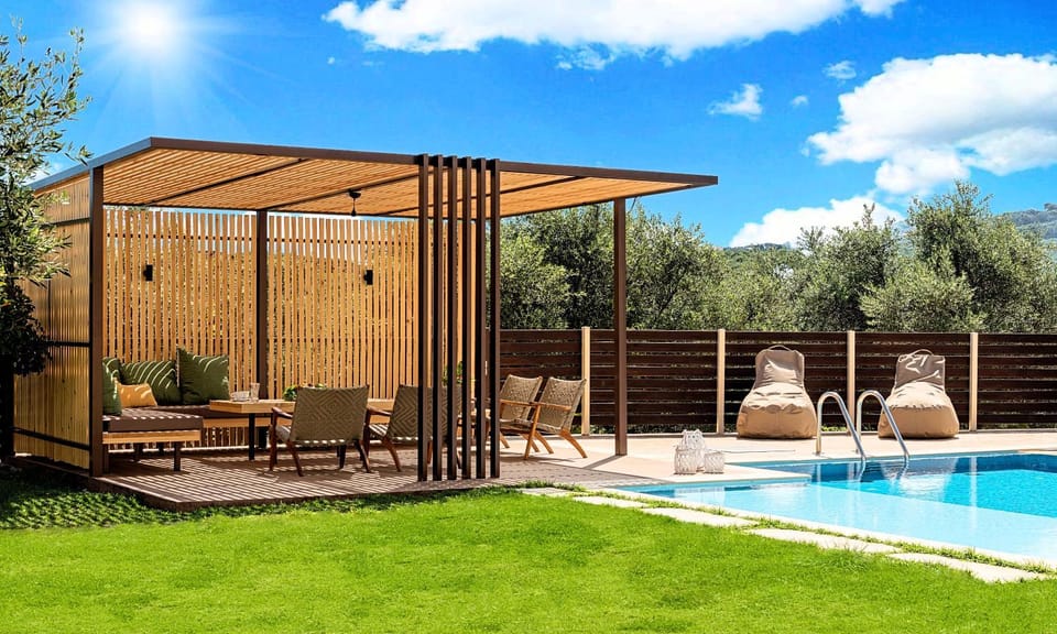 Property building, Patio, Spring, Day, Natural landscape, Garden, Garden view, Pool view, Swimming pool, sunbed