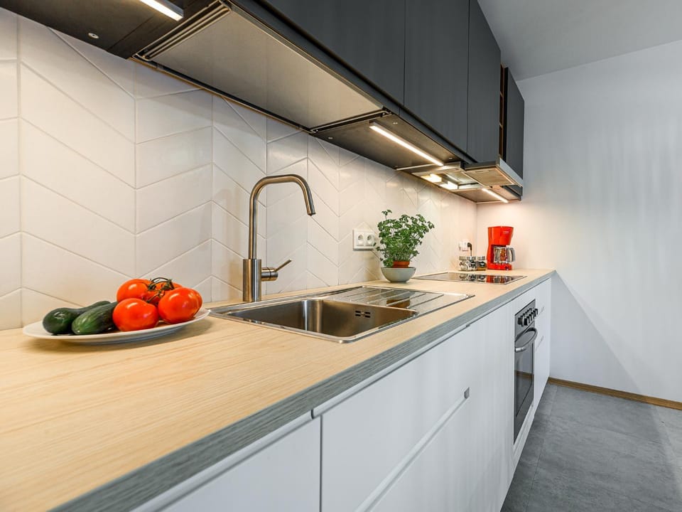 Kitchen or kitchenette, stove