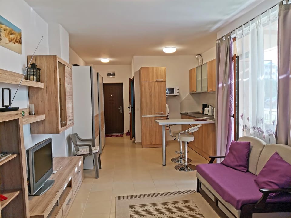 Bed, Kitchen or kitchenette, Living room, Seating area, minibar