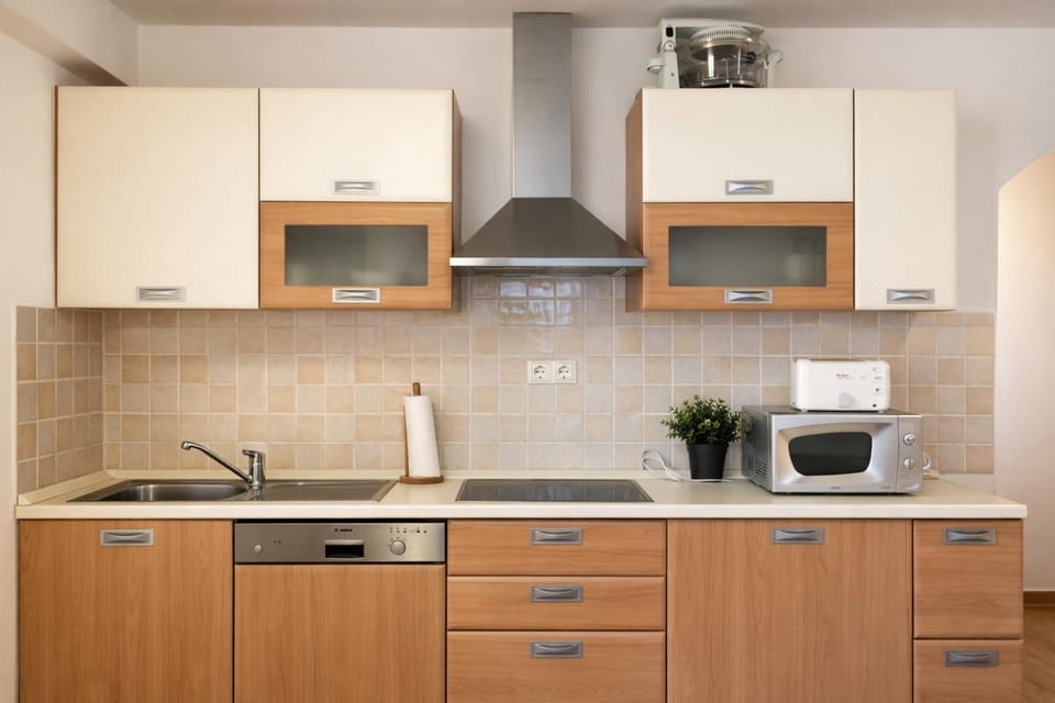 Kitchen or kitchenette, dishwasher, stove