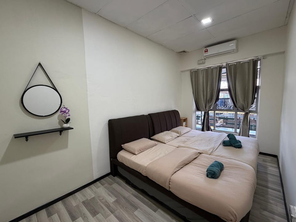 Photo of the whole room, Bedroom, towels, air conditioner