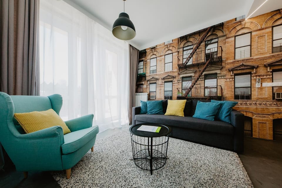 Bed, Living room, Seating area