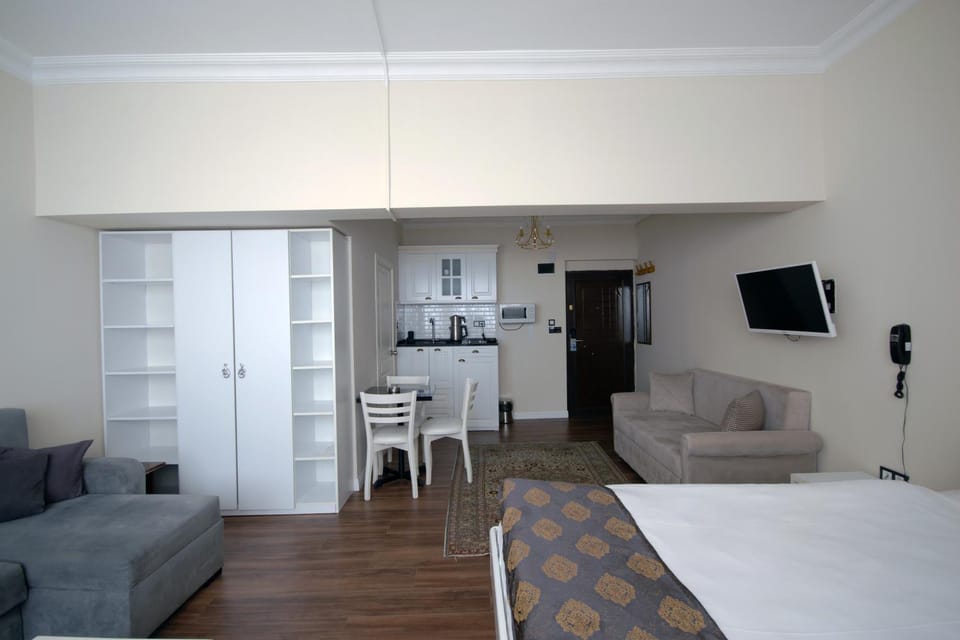Bed, TV and multimedia, Kitchen or kitchenette, Living room, Photo of the whole room, Seating area, Dining area, Bedroom