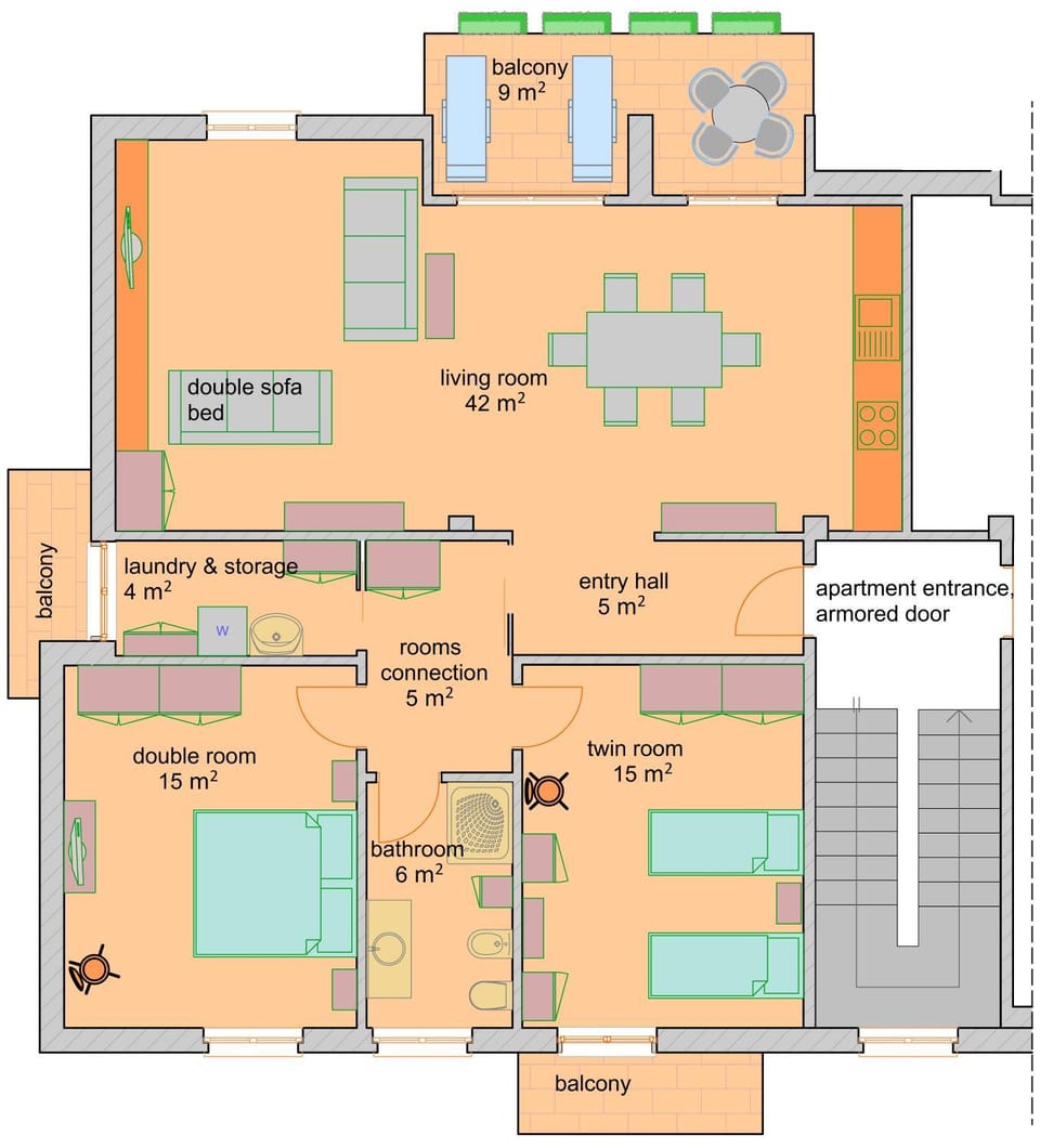 Bird's eye view, View (from property/room), Balcony/Terrace, Other, Photo of the whole room, Floor plan, Dining area, Pets, Guests, furniture, internet, pet friendly, safe, storage, sunbed, washing machine, kitchen, air conditioner