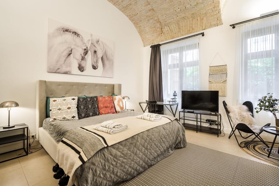 Bed, Bedroom, Inner courtyard view