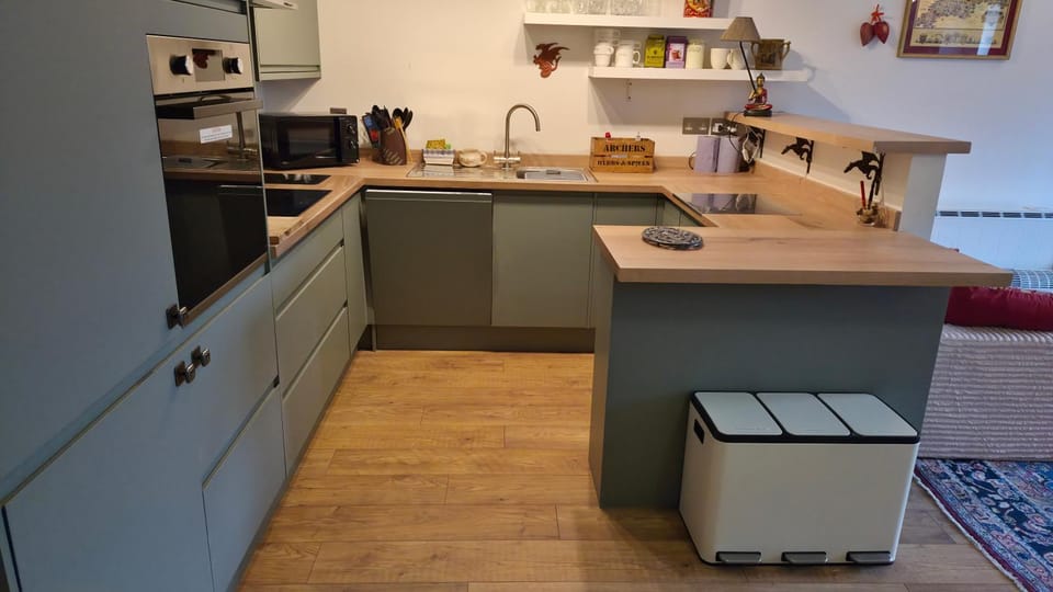Kitchen or kitchenette, dishwasher, oven, stove
