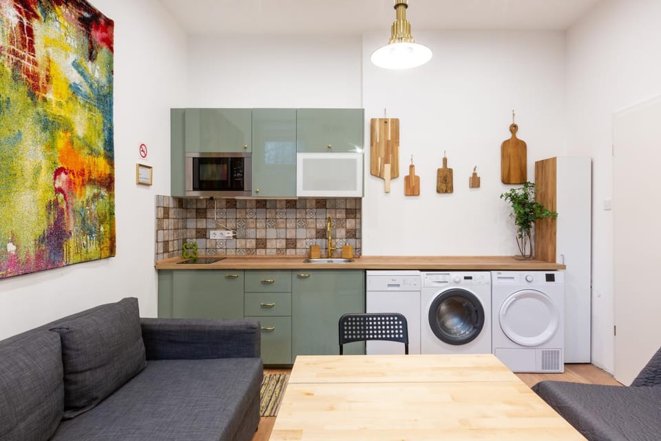 Kitchen or kitchenette, dishwasher, minibar, washing machine, dryer