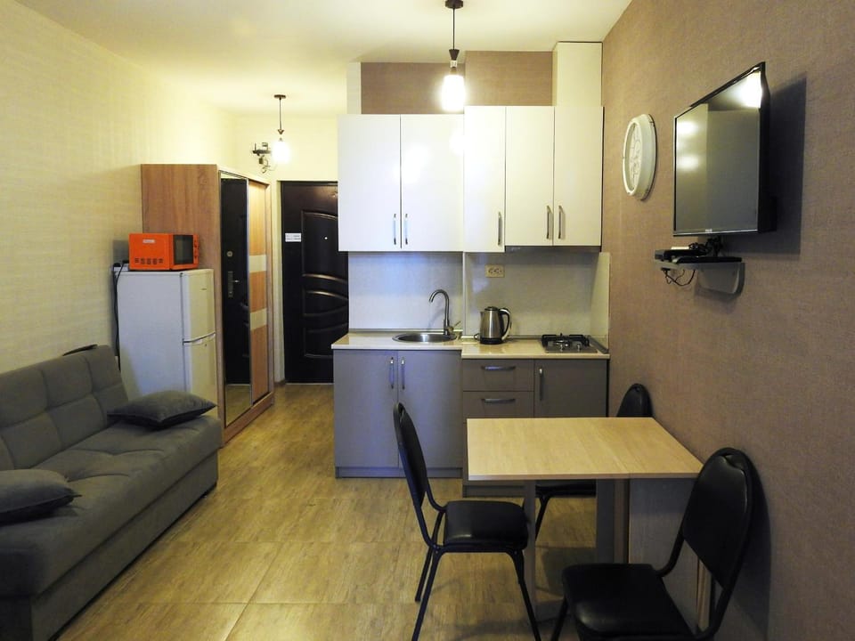 Kitchen or kitchenette, Living room, Seating area, Dining area