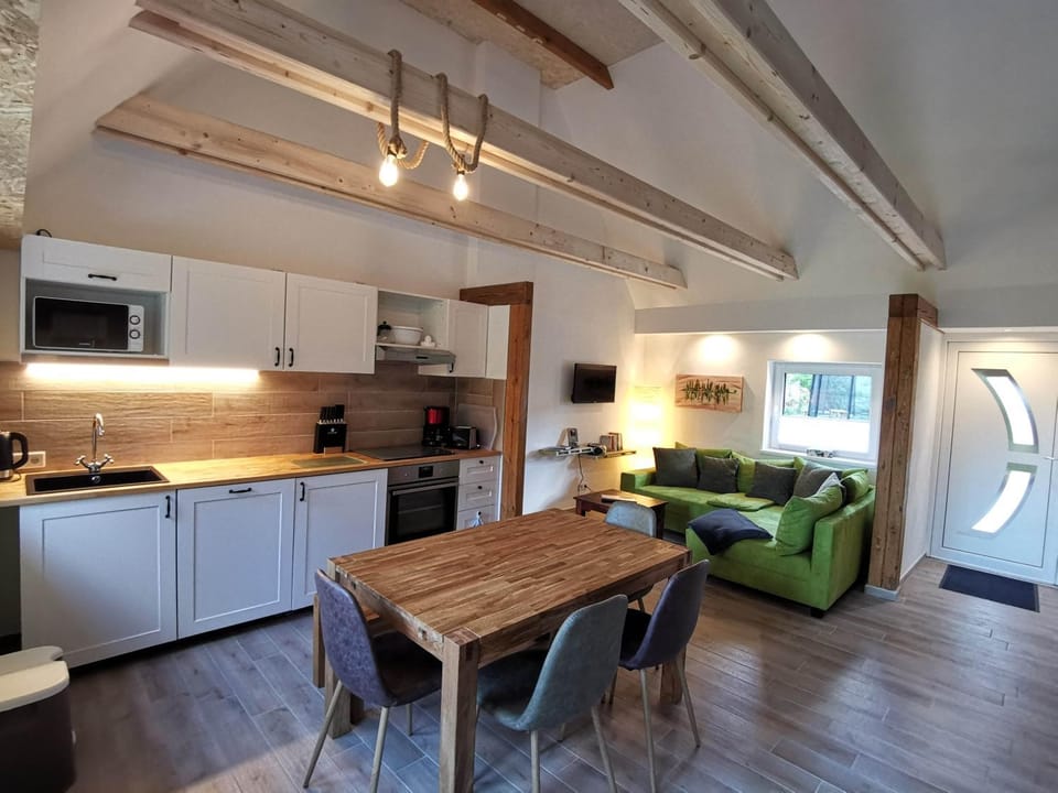Kitchen or kitchenette, Living room, Seating area, Dining area