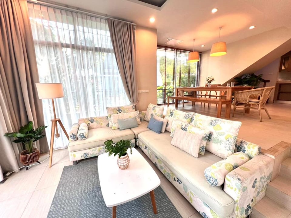 Living room, Seating area, Pool view