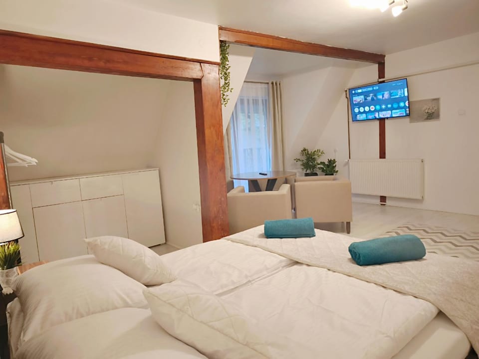 Bed, TV and multimedia, Living room, Photo of the whole room, Decorative detail, Decorative detail, Seating area, Bedroom, furniture, furniture, heating, heating, internet, internet, towels, towels