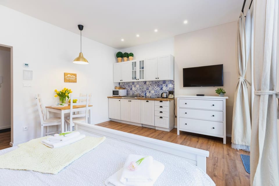 TV and multimedia, Kitchen or kitchenette, Photo of the whole room, Dining area, Bedroom
