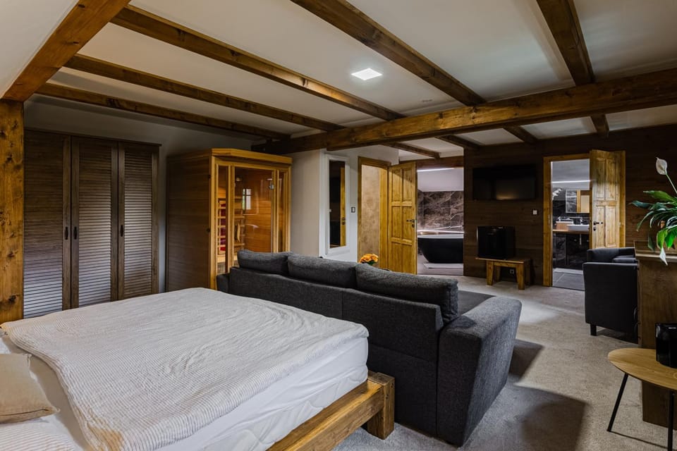 Bed, Sauna, Living room, Photo of the whole room, Seating area