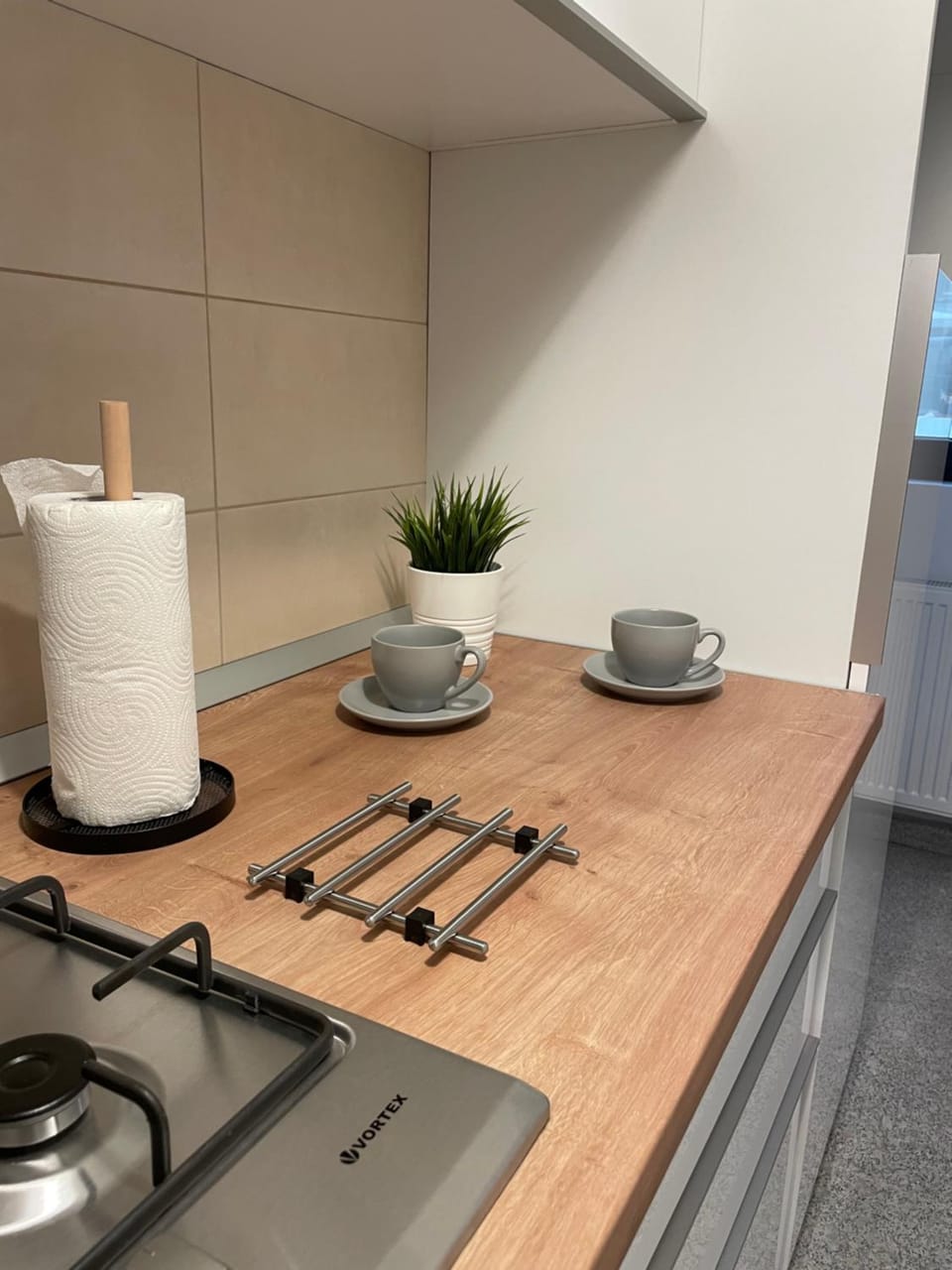 Kitchen or kitchenette, stove