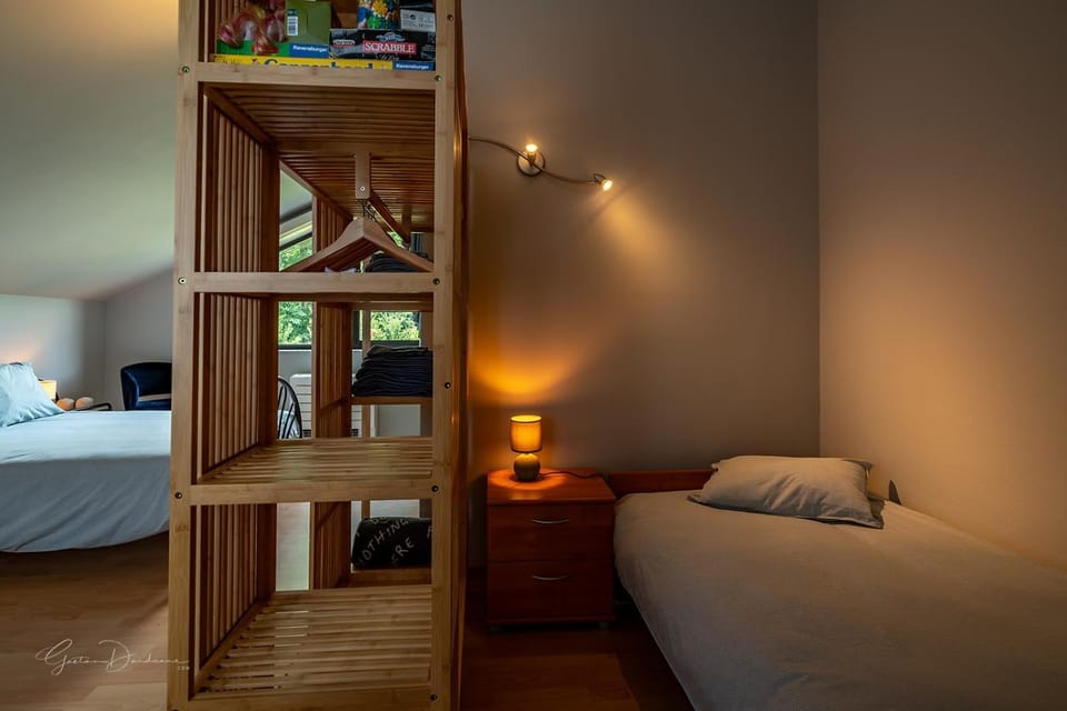 Bed, wardrobe