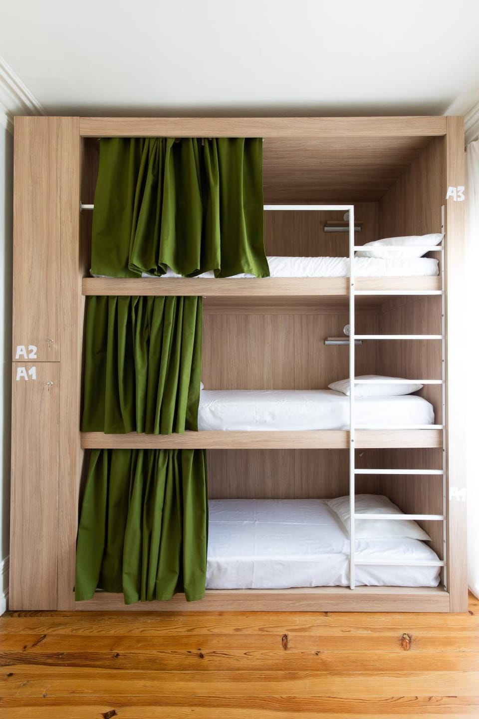 bunk bed, towels, wardrobe