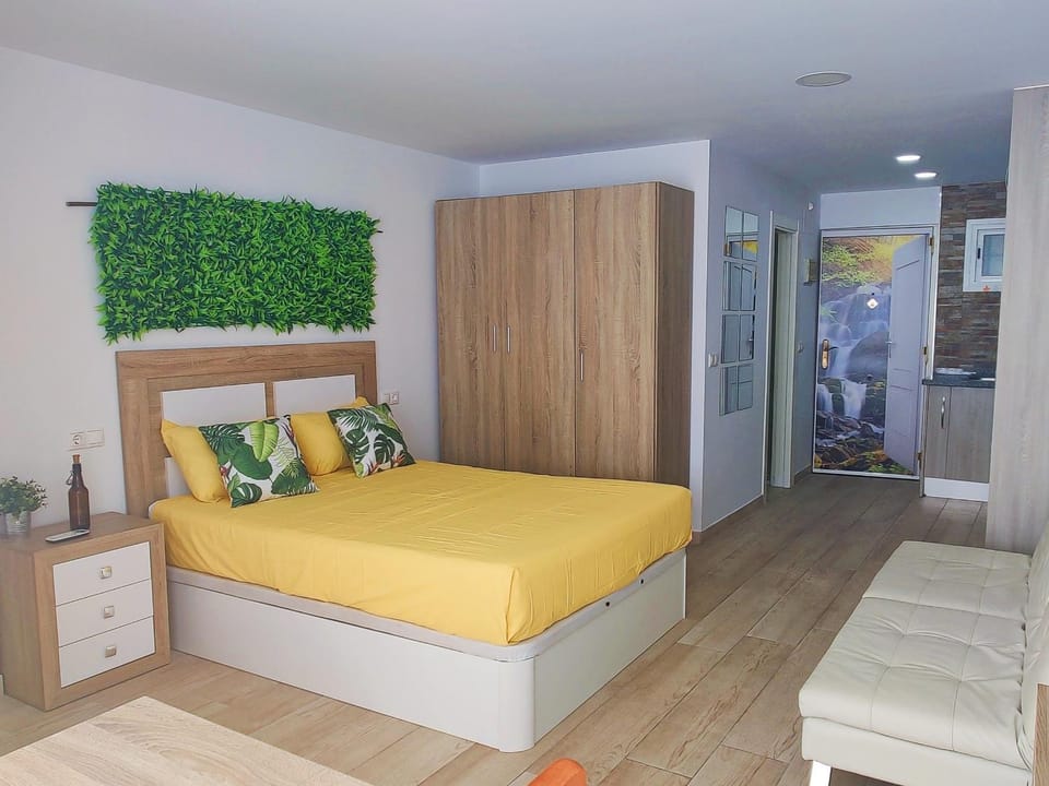 Bed, wardrobe