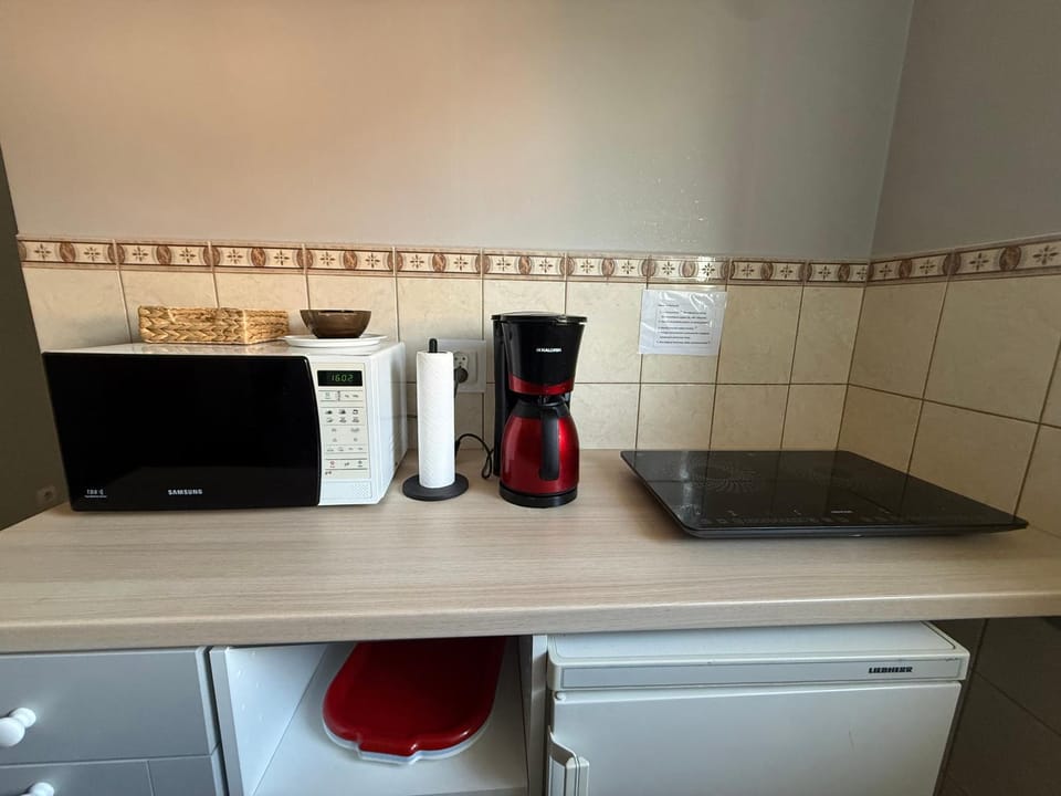 Kitchen or kitchenette, microwave, stove