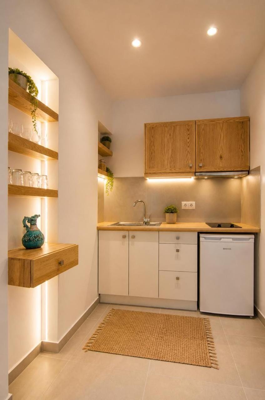 Kitchen or kitchenette, stove