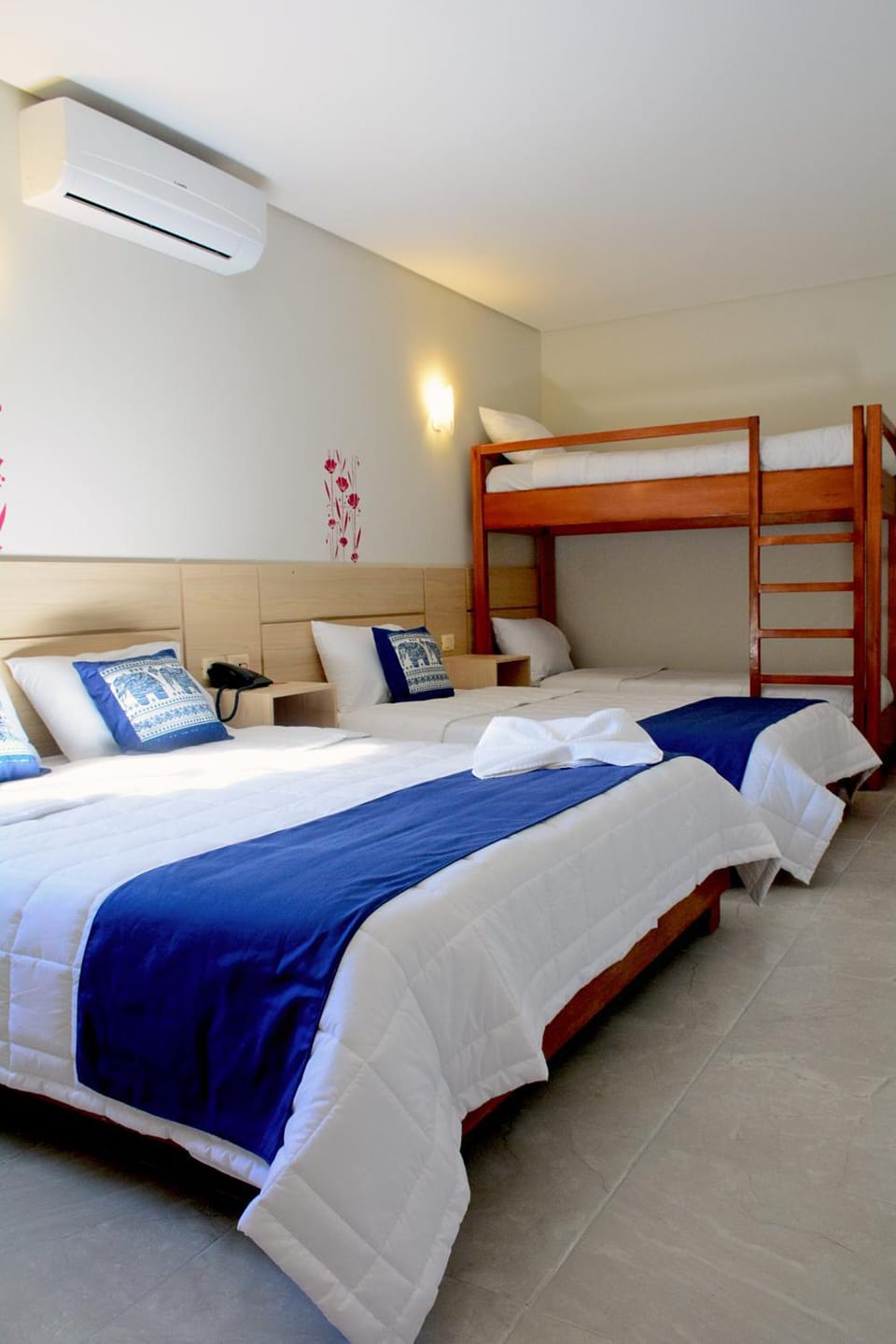 Bed, Photo of the whole room, Bedroom, bunk bed, towels, air conditioner