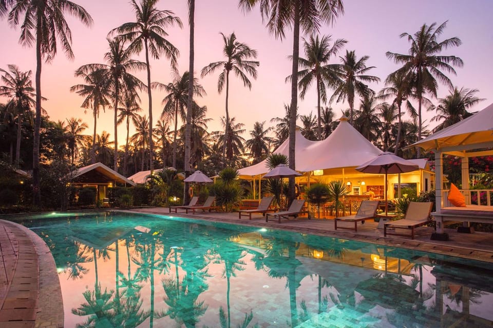 Swimming pool, Sunset, sunbed