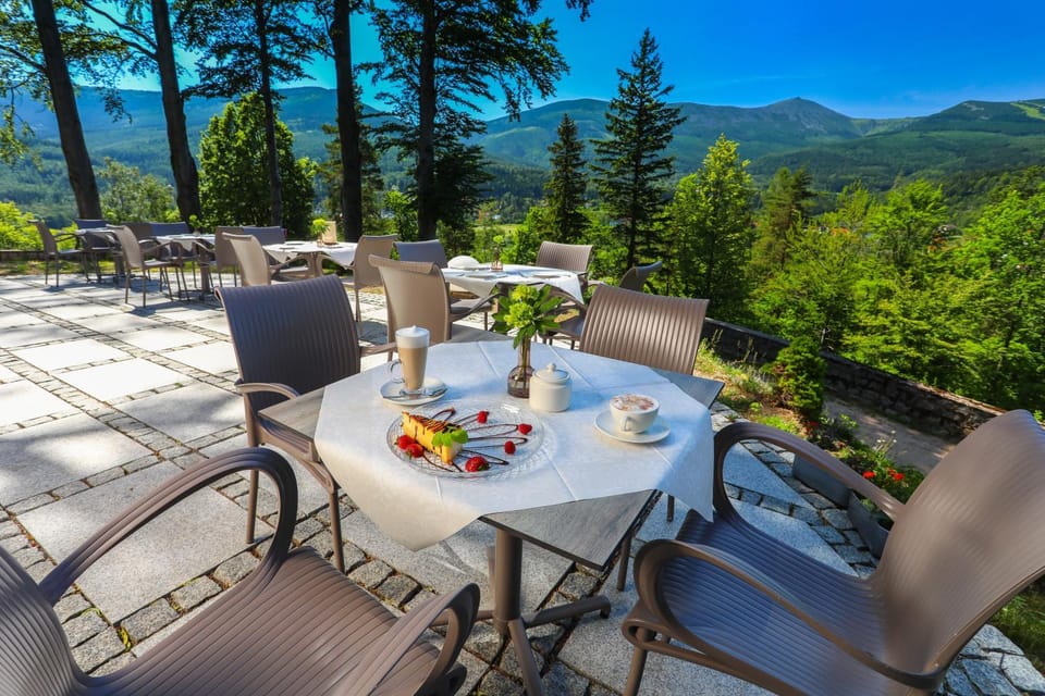 Restaurant/places to eat, Garden, Balcony/Terrace, Mountain view