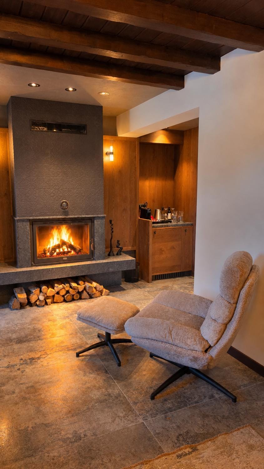 Living room, fireplace, minibar