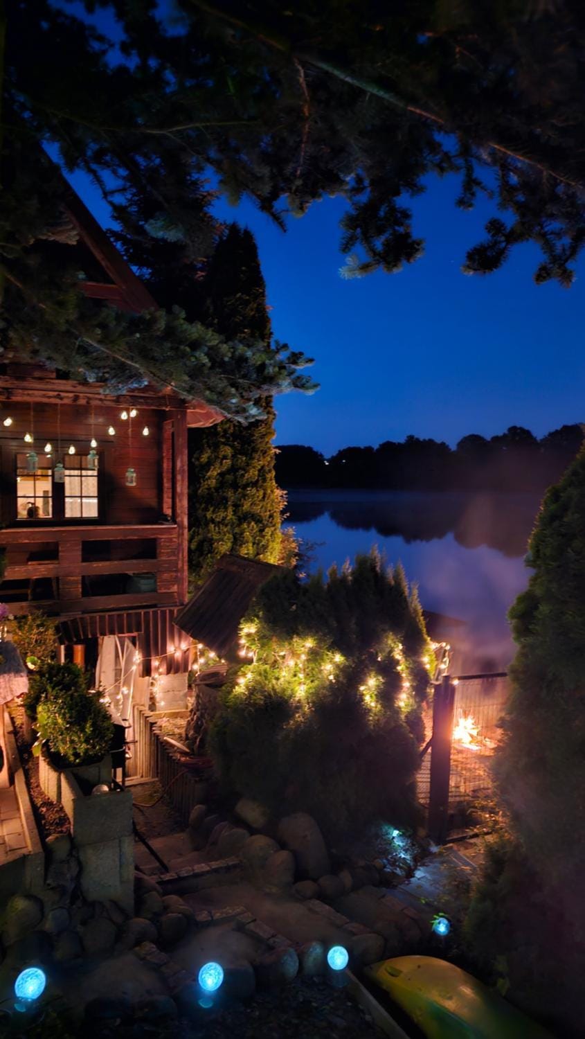 Property building, Night, Natural landscape, Garden, Lake view