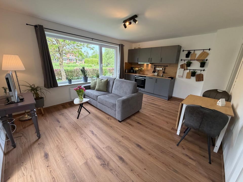 Kitchen or kitchenette, Living room, Seating area, Dining area