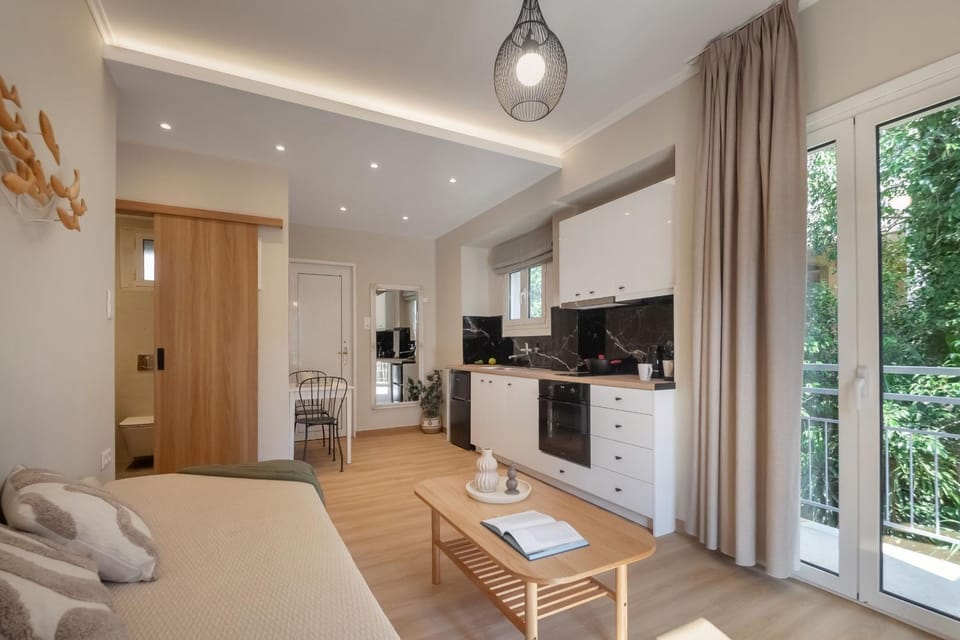 Bed, Kitchen or kitchenette, Living room, stove