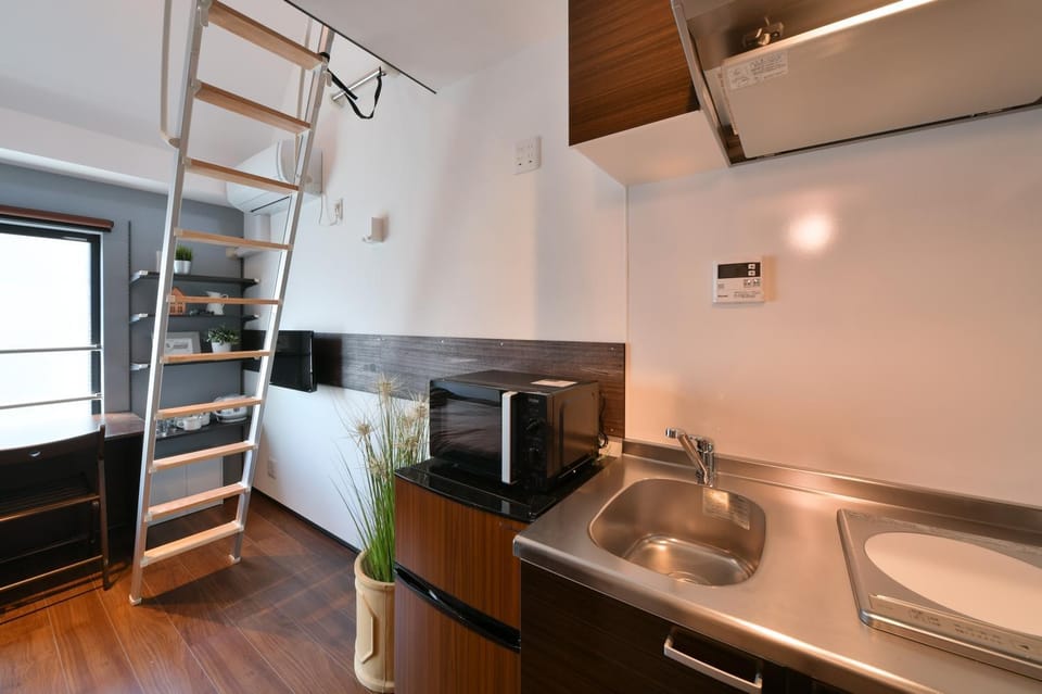 Kitchen or kitchenette, microwave, stove