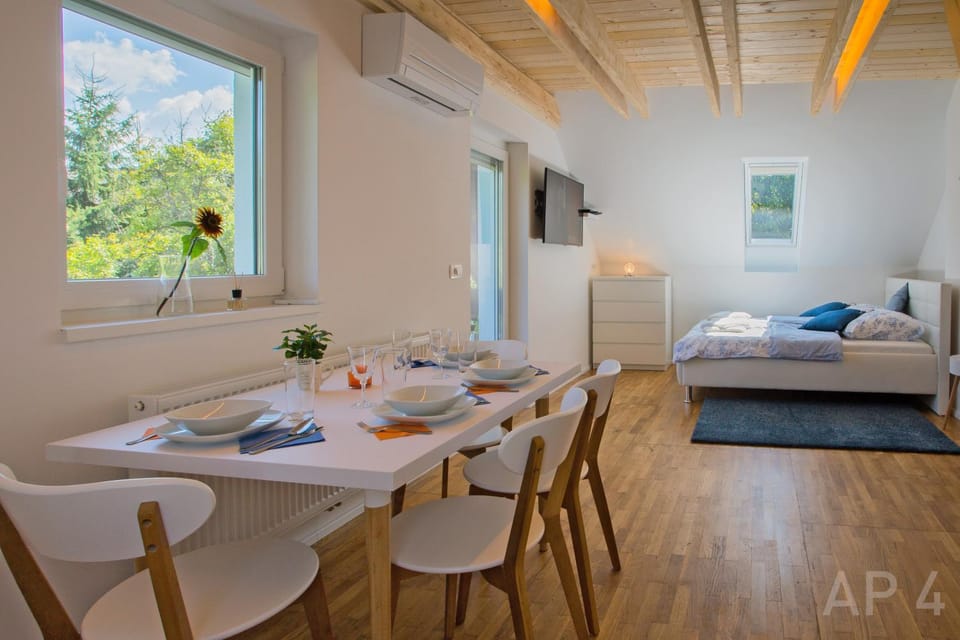 Bed, Living room, Dining area