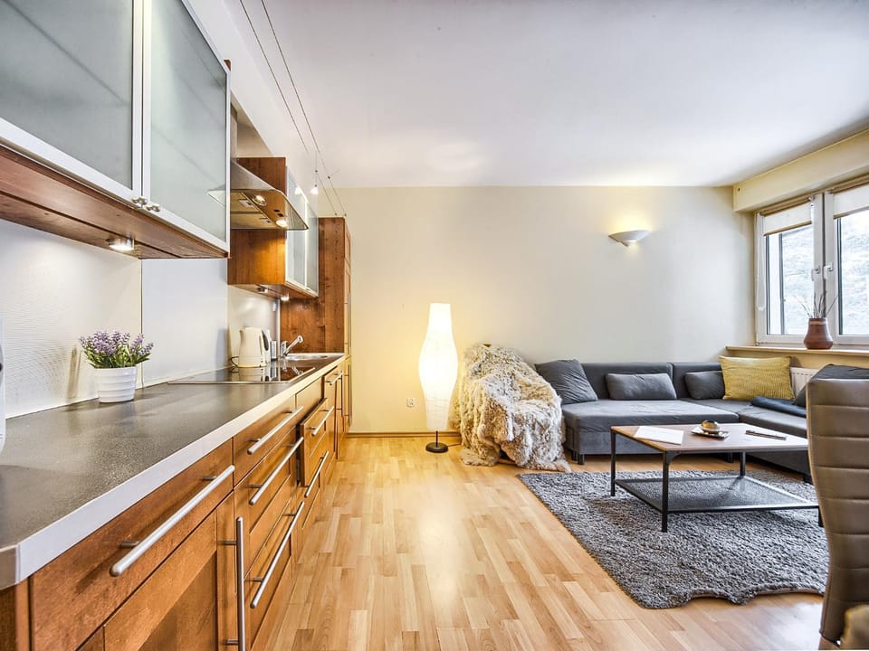 Kitchen or kitchenette, Living room, Seating area, Dining area