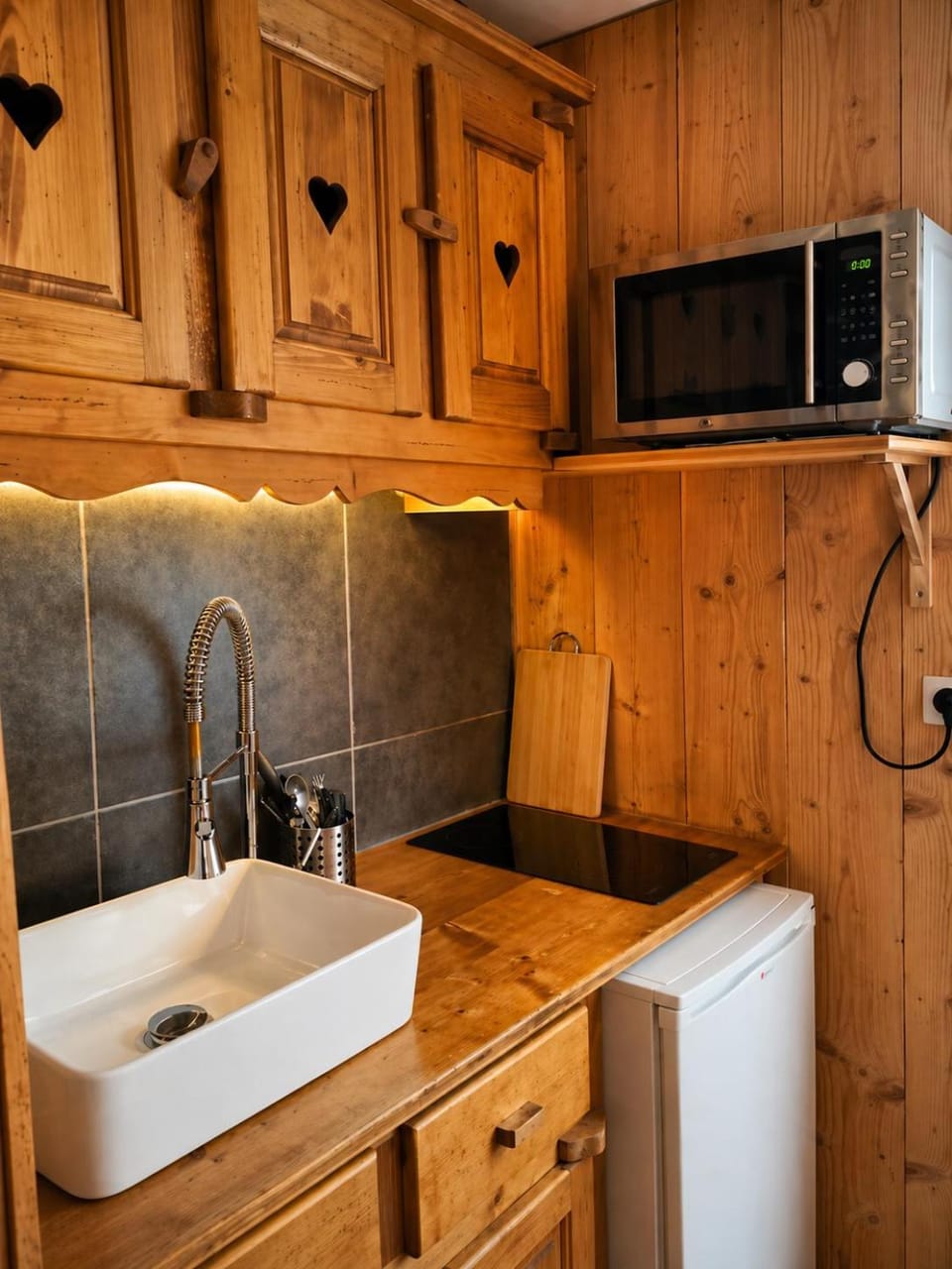 Kitchen or kitchenette, microwave, stove