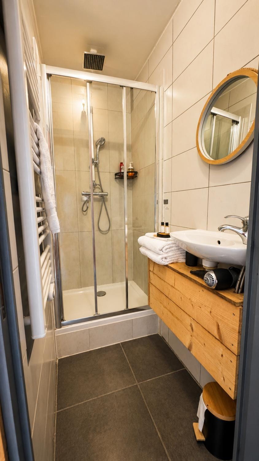 Shower, Bathroom, hair dryier, heating, towels
