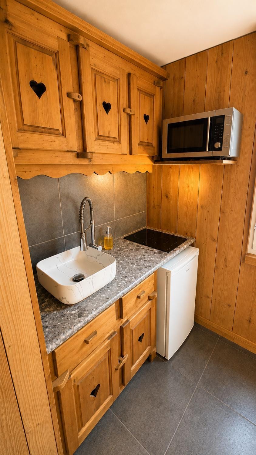 Kitchen or kitchenette, microwave, stove