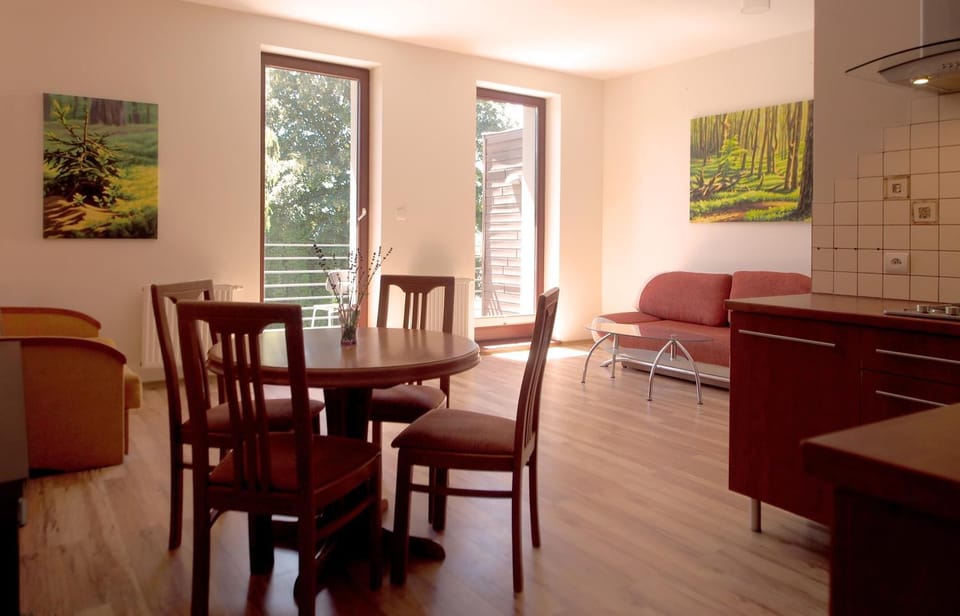 Kitchen or kitchenette, Living room, Seating area, Dining area