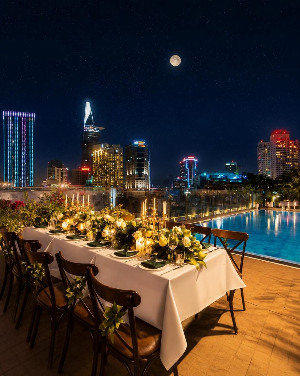 Property building, Restaurant/places to eat, Night, Food and drinks, Banquet/Function facilities, Decorative detail, Food, City view, Landmark view, Pool view, Swimming pool, Drinks, wedding