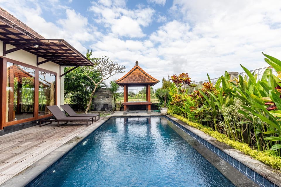 Property building, Patio, Spring, Day, Natural landscape, Garden, Garden view, Pool view, Swimming pool, sunbed