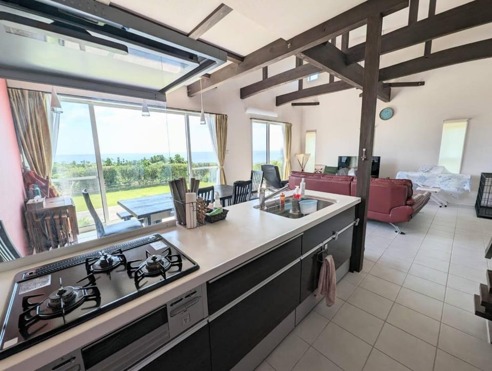 View (from property/room), Kitchen or kitchenette, Living room, Dining area, Sea view, stove