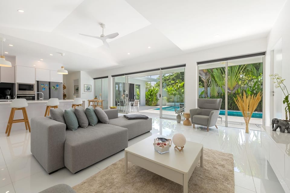 Living room, Seating area, Pool view