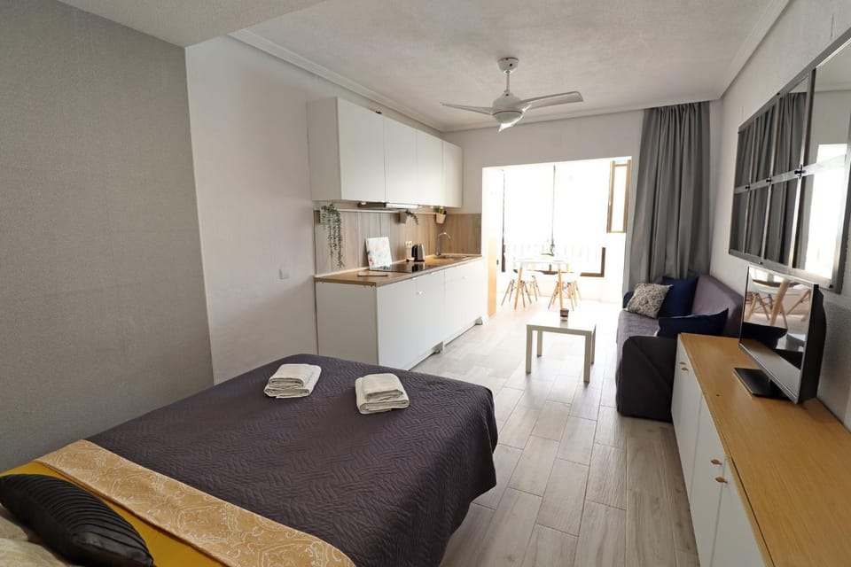 Bed, TV and multimedia, Kitchen or kitchenette, Living room, Seating area, Bedroom, towels