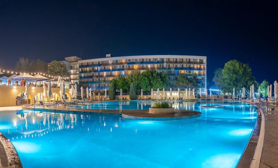Property building, Night, Pool view, Swimming pool