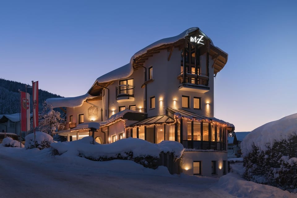 Property building, Facade/entrance, Winter, Mountain view, Sunset