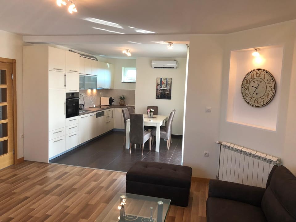 Kitchen or kitchenette, Living room, Seating area, Dining area