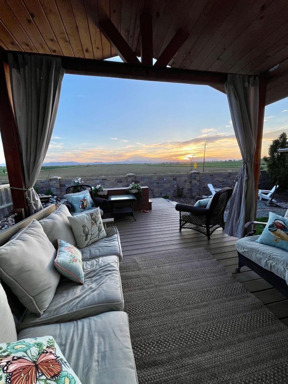 Patio, Text overlay, Mountain view